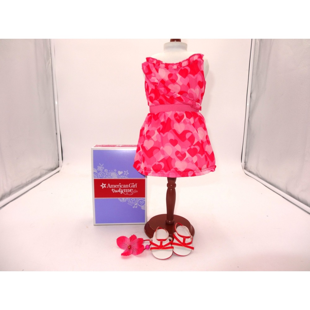 American Girl Truly Me Red Hearts Ruffle Valentines Dress Headband Shoes Box
